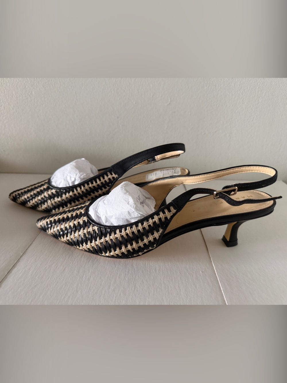 Marc Fisher LTD Black and Cream Woven Slingback Kitten Heels